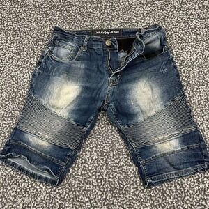 XRAY Jeans Mens Blue Moto‎ Biker Denim Shorts Size 32 Distressed Bleach Spots